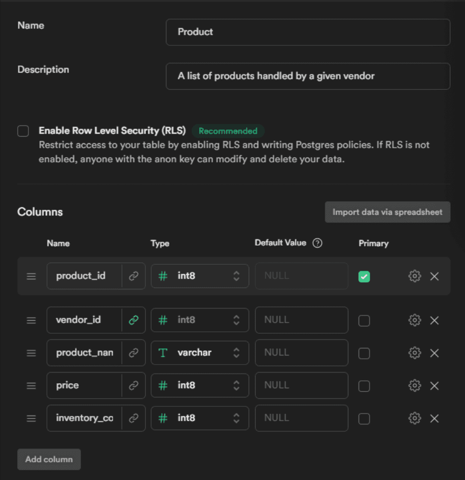 screen shot of supabase dashboard